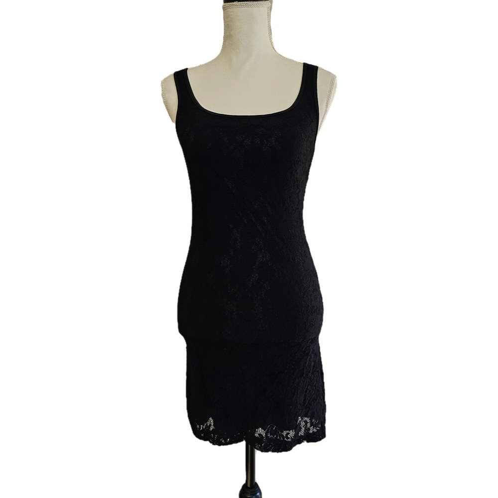 Vintage 90s City Triangles Black Lace Mini Bodycon Tank Dress Size S Goth Grunge